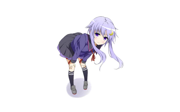 Yayoi (Kancolle) from Kantai Collection: anime girl with lavender hair in a navy school uniform leaning forward on a white background — HD PC desktop wallpaper/background.