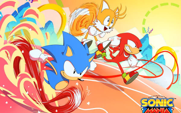 HD desktop wallpaper featuring Classic Sonic, Tails (Miles 'Tails' Prower), and Knuckles the Echidna from the video game Sonic Mania, displaying vibrant colors and dynamic action.