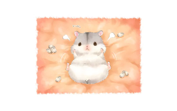 HD anime desktop wallpaper featuring a cute, original-style hamster lying on a soft, peach-colored background with scattered sunflower seeds.