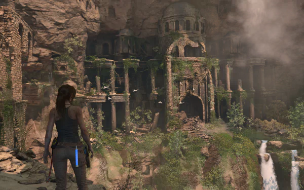 Screenshot from the video game Rise of the Tomb Raider showing a detailed ancient ruined structure, presented as a 4K Ultra HD PC desktop wallpaper.
