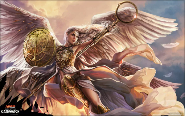 A majestic angel warrior from Magic: The Gathering’s Oath of the Gatewatch, wielding a glowing staff and shield against a dramatic sky, depicted in HD fantasy art.