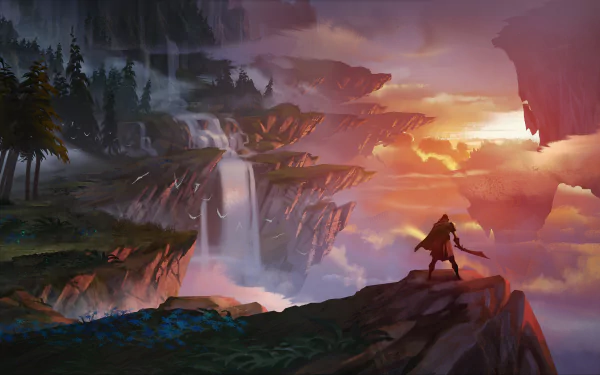 HD PC desktop wallpaper depicting a warrior from the video game Dauntless standing on a cliff overlooking floating islands and a vibrant sunset sky.