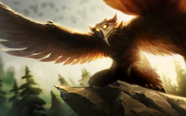 2K Quad HD PC desktop wallpaper of a Dauntless video game winged creature with glowing eyes, perched on a rocky outcrop above a pine forest, backlit by dramatic sunlight.