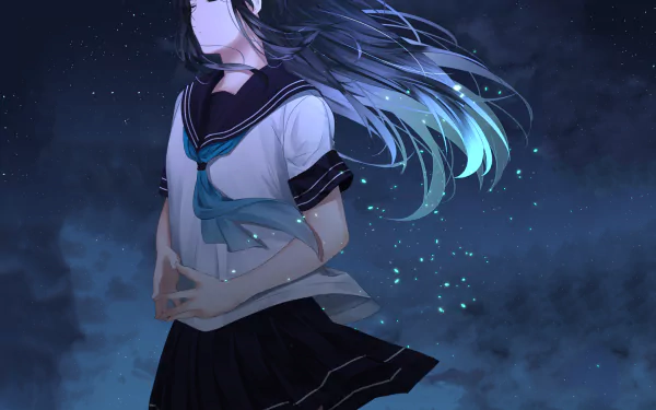 Anime-style HD desktop wallpaper of a girl with long hair in a school uniform at night, surrounded by glowing fireflies and clouds, creating a serene, mystical atmosphere.