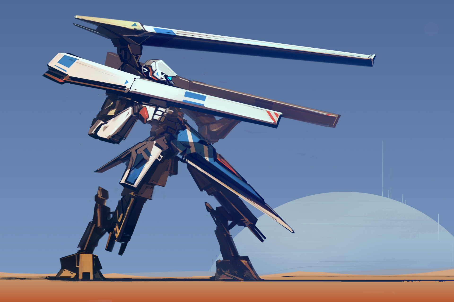 HD sci-fi desktop wallpaper featuring a sleek, futuristic robot with long, wing-like extensions standing against a clear sky.