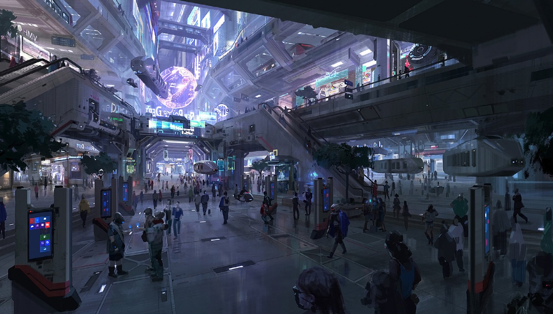 A vibrant cyberpunk cityscape bathed in neon lights, bustling with people amidst futuristic architectures. This HD wallpaper captures the essence of a sci-fi urban setting.