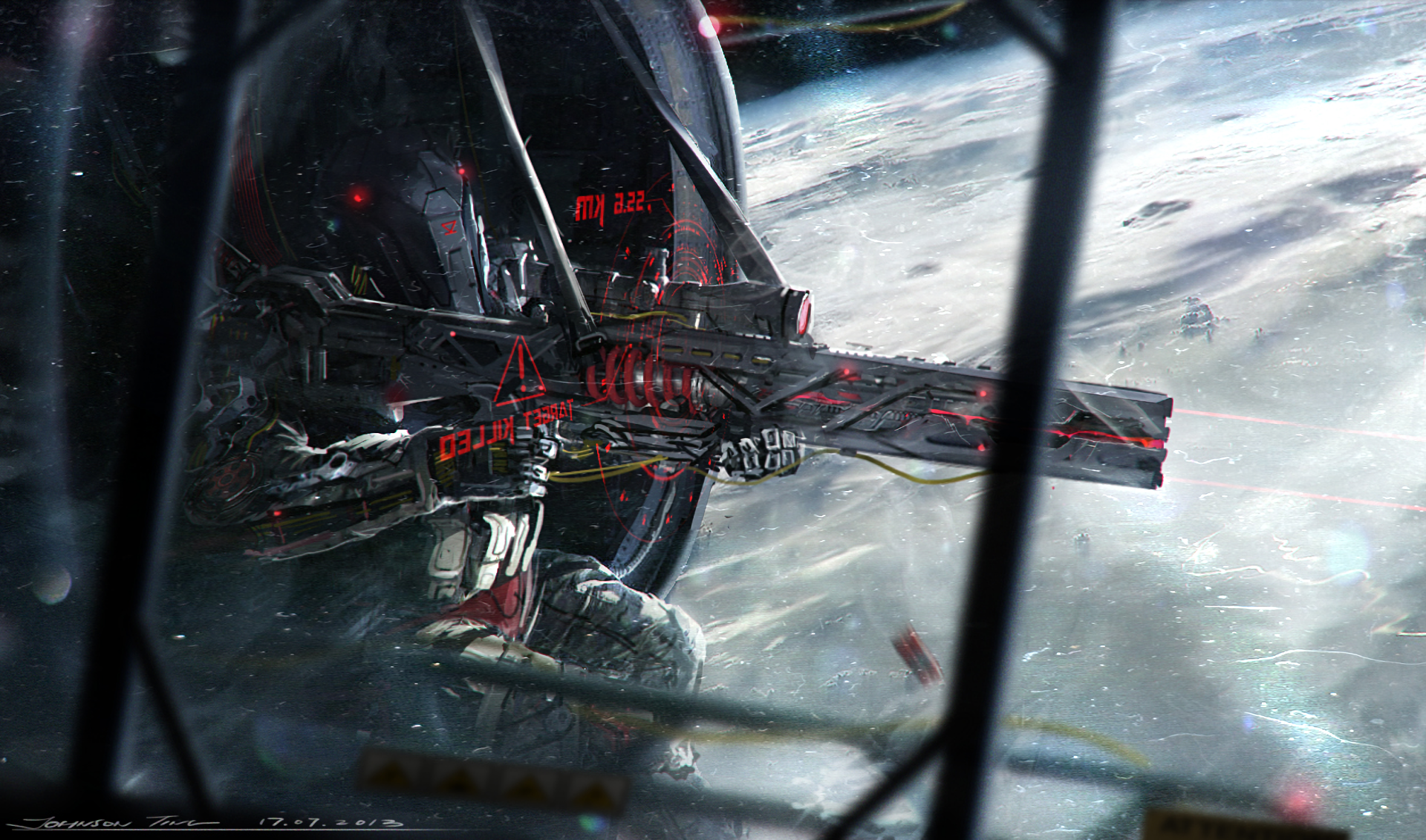 HD PC desktop wallpaper: sci-fi space scene of a robotic gunship orbiting a scarred planet, armed mechanical sentinel amid drifting wreckage and cosmic haze.