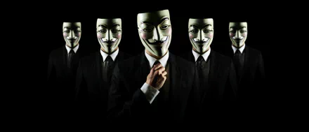 HD desktop wallpaper featuring five figures in suits wearing Guy Fawkes masks, symbolizing the anonymous collective in a technology context.