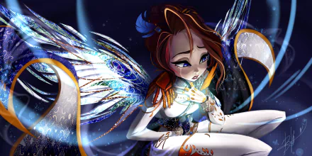 A fantasy angel with flowing brown hair and striking blue eyes, illuminated by shimmering, ethereal wings in a vivid 4K Ultra HD digital artwork.