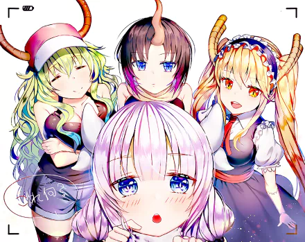 A colorful HD wallpaper featuring characters from Miss Kobayashi's Dragon Maid, including Quetzalcoatl, Tohru, Elma, and Kanna Kamui, showcasing their distinct styles and expressions.