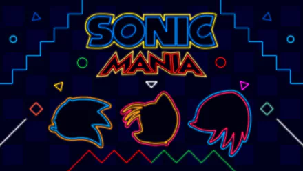 HD desktop wallpaper featuring neon outlines of Sonic the Hedgehog, Miles 'Tails' Prower, and Knuckles the Echidna with Sonic Mania text, capturing the vibrant aesthetic of the video game.