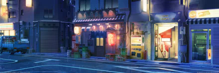 HD anime-style night scene of a softly lit street with lanterns outside a shop, featuring a cozy storefront and vending machines under a calm, dark sky.