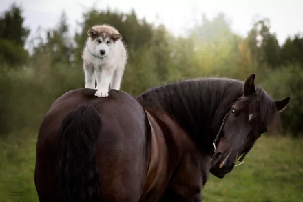 A HD desktop wallpaper featuring a Siberian Husky puppy perched on the back of a large horse in a serene, green outdoor setting.