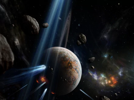 HD sci-fi desktop wallpaper showing a planet surrounded by asteroids and meteors streaking through deep space.