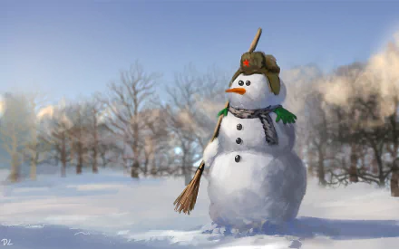 Artistic HD desktop wallpaper of a snowman wearing a hat and scarf, holding a broom, set in a serene snowy winter landscape with bare trees.