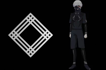 HD desktop wallpaper featuring a minimalist Tokyo Ghoul √A anime design with a masked character standing beside a geometric symbol on a black background.