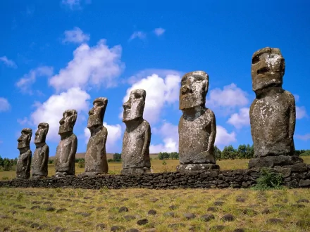 A scenic view of iconic Moai statues on Easter Island, Chile, set against a bright blue sky and lush greenery, showcasing the rich heritage of these man-made marvels.