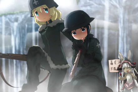 HD anime desktop wallpaper featuring Chito and Yuuri from Girls' Last Tour alongside Nanachi from Made in Abyss in a crossover scene with a snowy, icy backdrop.