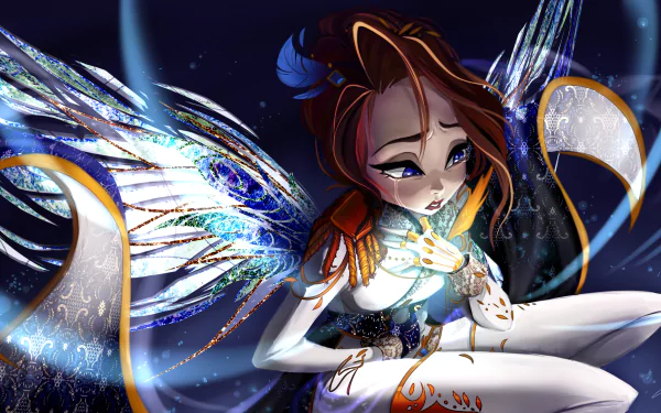 A fantasy angel with flowing brown hair and striking blue eyes, illuminated by shimmering, ethereal wings in a vivid 4K Ultra HD digital artwork.