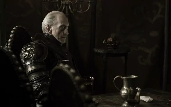 2K Quad HD Game of Thrones TV show PC desktop wallpaper: stern lord in black plate armor seated at a dim candlelit table, brooding over a goblet.