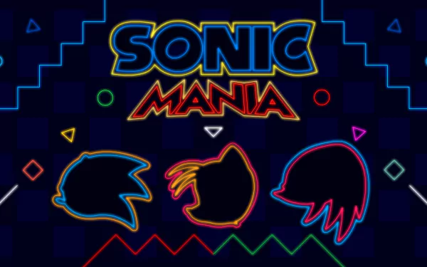 HD desktop wallpaper featuring neon outlines of Sonic the Hedgehog, Miles 'Tails' Prower, and Knuckles the Echidna with Sonic Mania text, capturing the vibrant aesthetic of the video game.