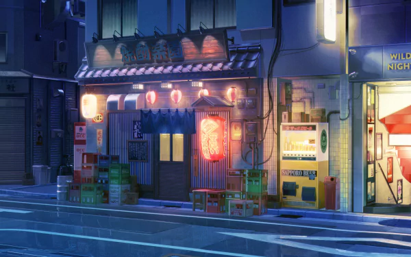 HD anime-style night scene of a softly lit street with lanterns outside a shop, featuring a cozy storefront and vending machines under a calm, dark sky.