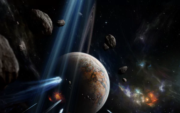 HD sci-fi desktop wallpaper showing a planet surrounded by asteroids and meteors streaking through deep space.