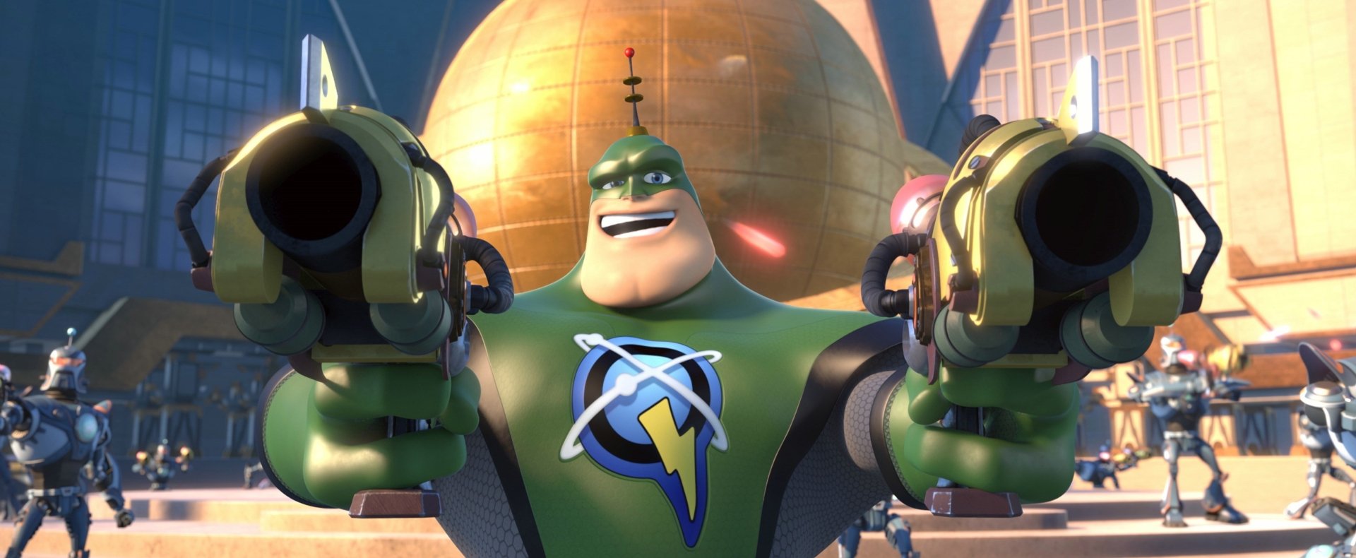Ratchet & Clank movie 2K Quad HD PC desktop wallpaper: Captain Qwark grinning with dual pistols raised, golden dome and futuristic cityscape in the background.
