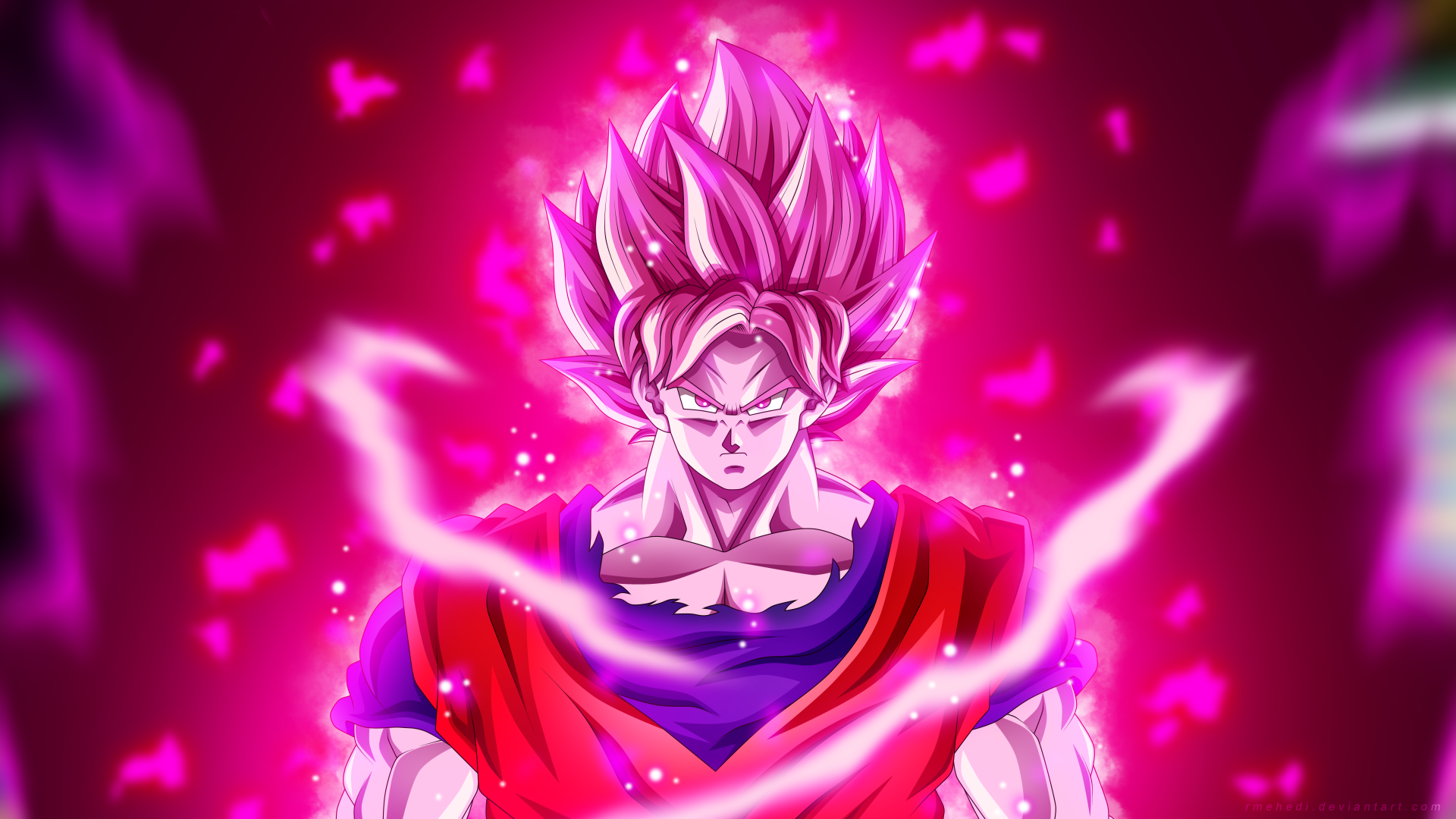 4K Ultra HD PC desktop wallpaper featuring Goku from Dragon Ball Super, glowing with intense pink energy in a dynamic anime style.