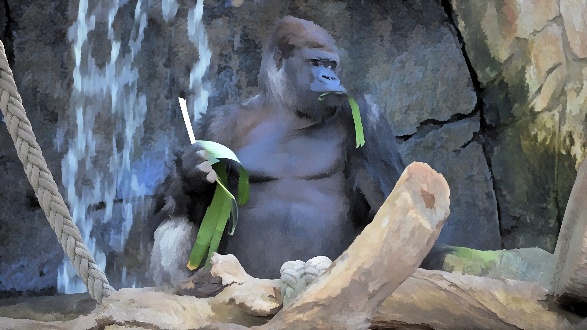 HD PC desktop wallpaper of a gorilla ape primate monkey in a painting: holds leaves by a rocky waterfall, an animal-themed background.