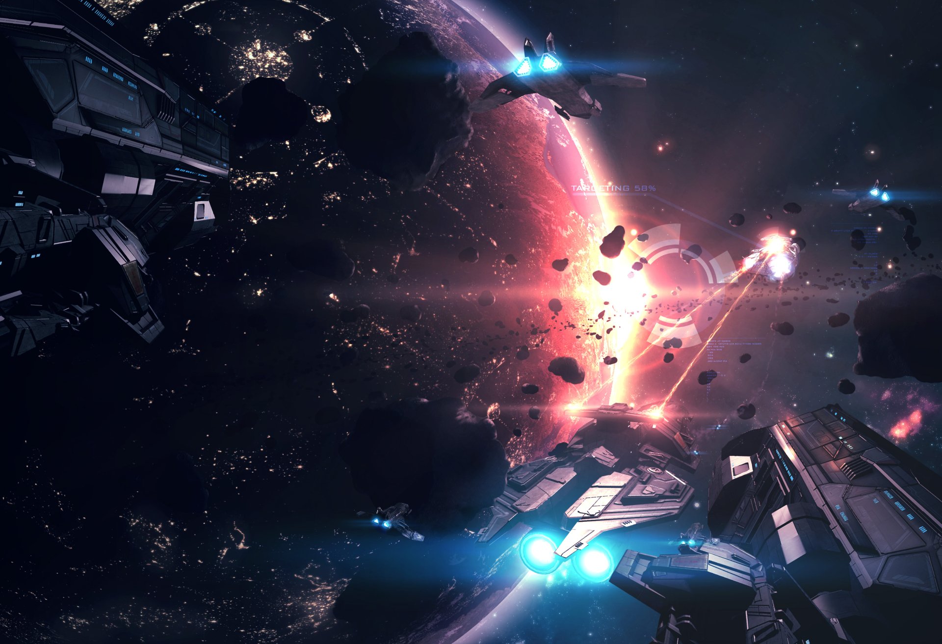 HD desktop wallpaper depicting a sci-fi scene with spaceships navigating through a field of debris, set against the vibrant background of a distant, glowing planet.