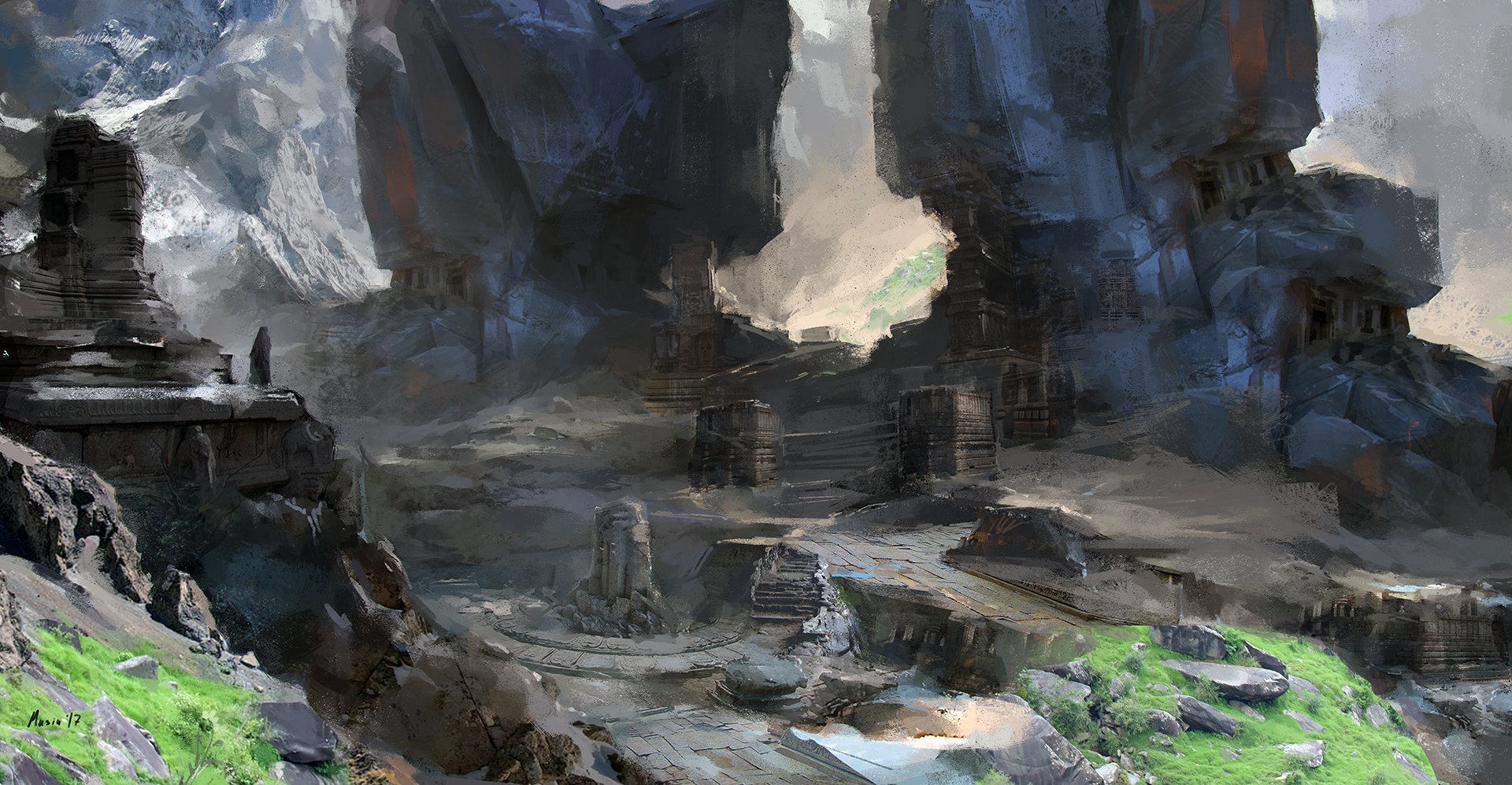 HD PC desktop wallpaper featuring an oil painting of a fantasy landscape with towering rock formations and ancient ruins under a moody sky.