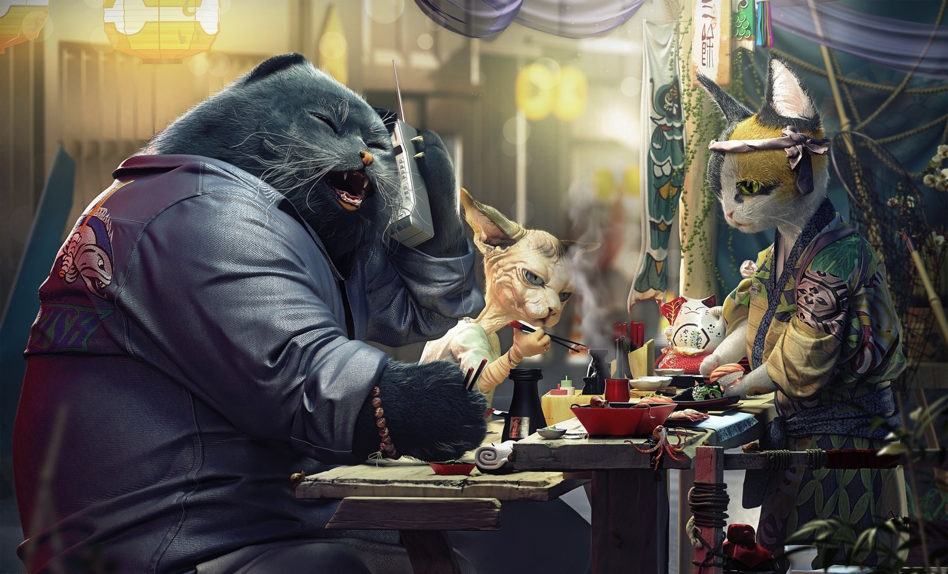 HD fantasy wallpaper depicting an oriental setting with anthropomorphic cats enjoying Japanese food. One cat is talking on a phone while others dine at a table.