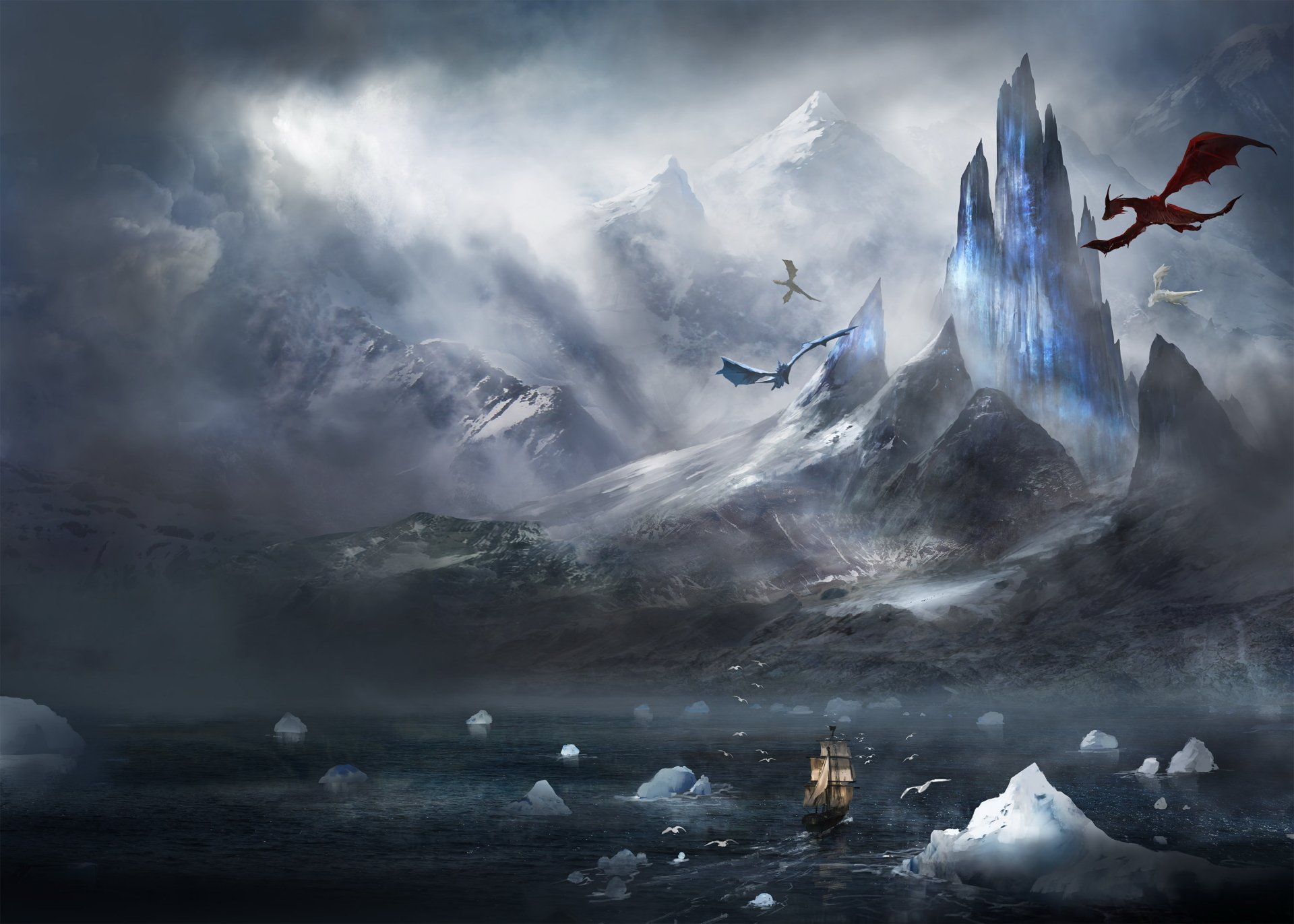 A fantasy HD desktop wallpaper featuring a ship navigating icy waters below a towering iceberg mountain, with sunbeams breaking through the clouds and dragons soaring in the sky.