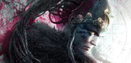 Senua (Hellblade) from the video game Hellblade: Senua's Sacrifice — close-up with war paint, crown and fur against twisted branches. HD PC desktop wallpaper/background.