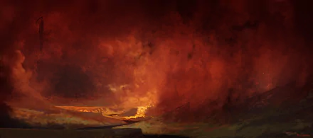 HD fantasy landscape wallpaper: smoldering volcanic plain with glowing lava rivers, dense red smoke and fog beneath a brooding sky