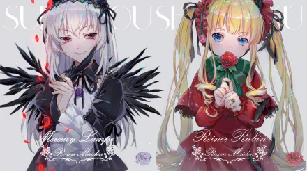 HD PC desktop wallpaper/background of Suigintou and Shinku from Rozen Maiden — anime-style portrait: Suigintou in black gothic dress, Shinku in red Victorian outfit holding a rose.