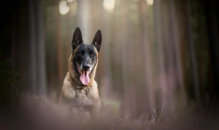 A Belgian Malinois dog sits alert in a forest with a blurred depth of field, captured in HD for a PC desktop wallpaper background.
