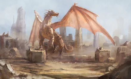 HD PC desktop wallpaper/background: fantasy scene of a bronze dragon perched among ancient stone ruins beneath a pale, misty sky.