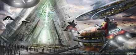 Futuristic sci-fi cityscape with towering buildings, advanced spaceship vehicles, and bustling urban life in stunning 4K Ultra HD detail.