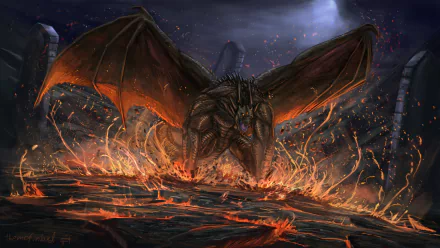 HD PC desktop wallpaper of a dark demon creature with wings emerging from a molten lava landscape, surrounded by glowing embers and intense heat.