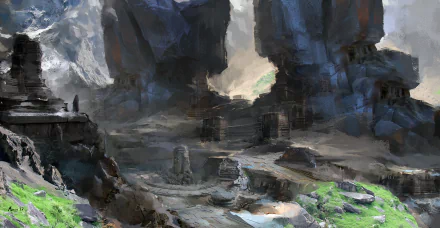HD PC desktop wallpaper featuring an oil painting of a fantasy landscape with towering rock formations and ancient ruins under a moody sky.