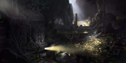An adventurer with a flashlight explores a mystical cave illuminated by sunlight, uncovering hidden treasures amidst ancient ruins. This HD wallpaper evokes a sense of fantasy and adventure.