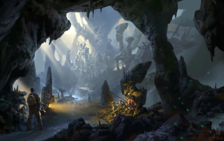landscape sunlight adventurer flashlight skeleton cave fantasy ruin fantasy landscape HD Desktop Wallpaper | Background Image