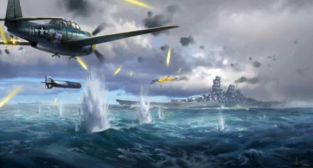 HD desktop wallpaper depicting a World War II battle with torpedoes launched from warplanes targeting a warship amid rough seas and smoky skies.