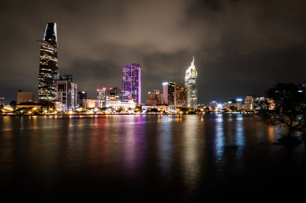 Vietnam light building night Saigon River Bitexco Finacial Tower man made Ho Chi Minh City HD Desktop Wallpaper | Background Image