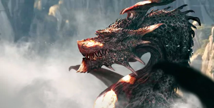 HD PC desktop wallpaper featuring a fierce dragon emerging from misty clouds in a fantasy landscape.