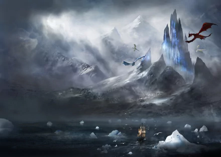 A fantasy HD desktop wallpaper featuring a ship navigating icy waters below a towering iceberg mountain, with sunbeams breaking through the clouds and dragons soaring in the sky.