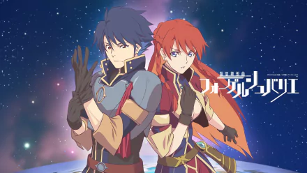 HD anime desktop wallpaper featuring Charon Seiga and Selesia Yupitiria from Re:Creators, set against a starry night sky background.