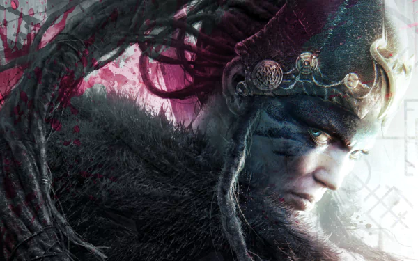 Senua (Hellblade) from the video game Hellblade: Senua's Sacrifice — close-up with war paint, crown and fur against twisted branches. HD PC desktop wallpaper/background.